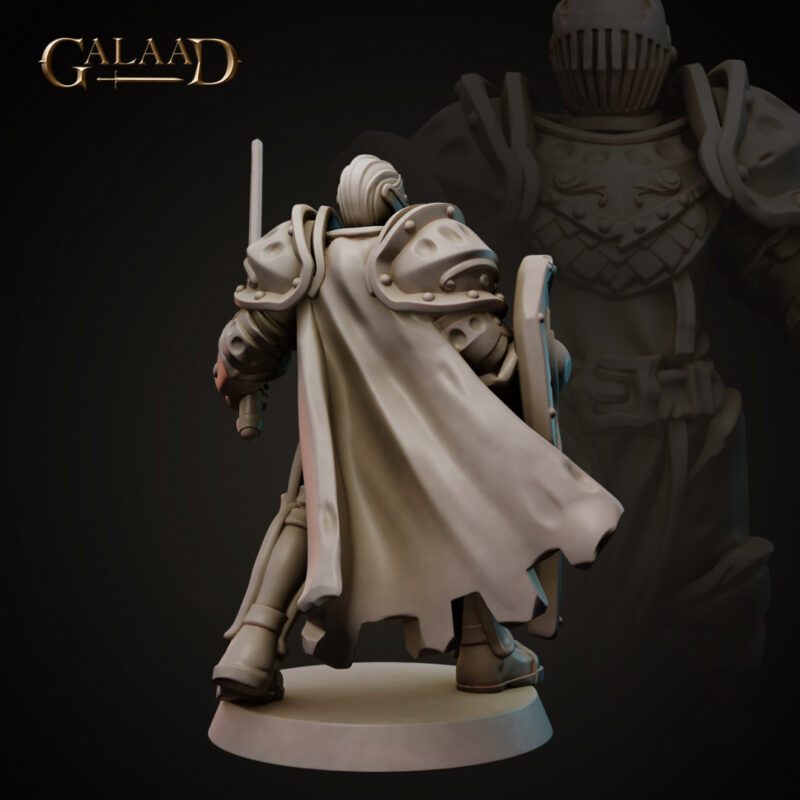Chevalier armé d'une épée et d'un bouclier, un personnage indispensable dans un château fort. Figurine conçue par Galaad miniatures et imprimée en 3D.